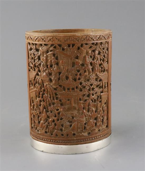 A Chinese bamboo brush pot, 19th century, H.18cm, rim mount lacking